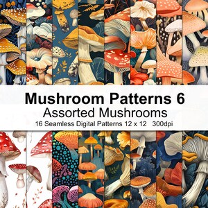 May include: A set of 16 digital seamless patterns featuring various colorful mushrooms in different styles. The patterns are 12 inches by 12 inches and 300 dpi.