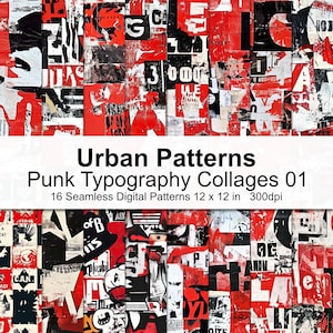 Puede incluir: Un collage digital de 16 patrones sin costuras con tipografía roja, negra y blanca. Los patrones miden 12 pulgadas por 12 pulgadas y 300 dpi. El título "Urban Patterns Punk Typography Collages 01" se muestra en la parte superior.