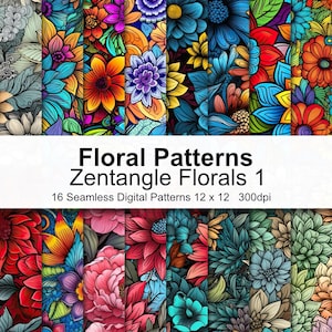 May include: A set of 16 digital floral patterns in a variety of colors, including red, blue, green, yellow, and purple. The patterns are intricate and detailed, and they would be perfect for use in scrapbooking, card making, or other craft projects. The text on the image reads "Floral Patterns Zentangl Florals 1 16 Seamless Digital Patterns 12 x 12 300dpi".
