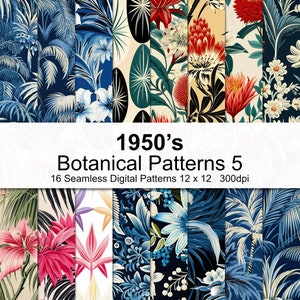 May include: A collection of 16 digital seamless patterns featuring botanical illustrations in a retro 1950's style. The patterns feature a variety of flowers, leaves, and plants in shades of blue, green, red, and white.