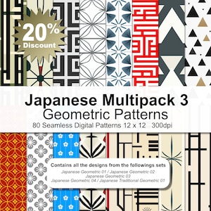 Puede incluir: Una descarga digital de 80 patrones geométricos sin costuras inspirados en el diseño japonés. Los patrones son en negro, blanco, rojo, azul y gris. Los patrones son de 30,5 cm por 30,5 cm y 300 dpi. El texto "Japanese Multipack 3 Geometric Patterns" está en la parte superior de la imagen. El texto "Contains all the designs from the followings sets" está en el medio de la imagen. El texto "Japanese Geometric 01/Japanese Geometric 02" está debajo del texto "Contains all the designs from the followings sets". El texto "Japanese Geometric 03" está debajo del texto "Japanese Geometric 01/Japanese Geometric 02". El texto "Japanese Geometric 04/Japanese Traditional Geometric 01" está debajo del texto "Japanese Geometric 03".