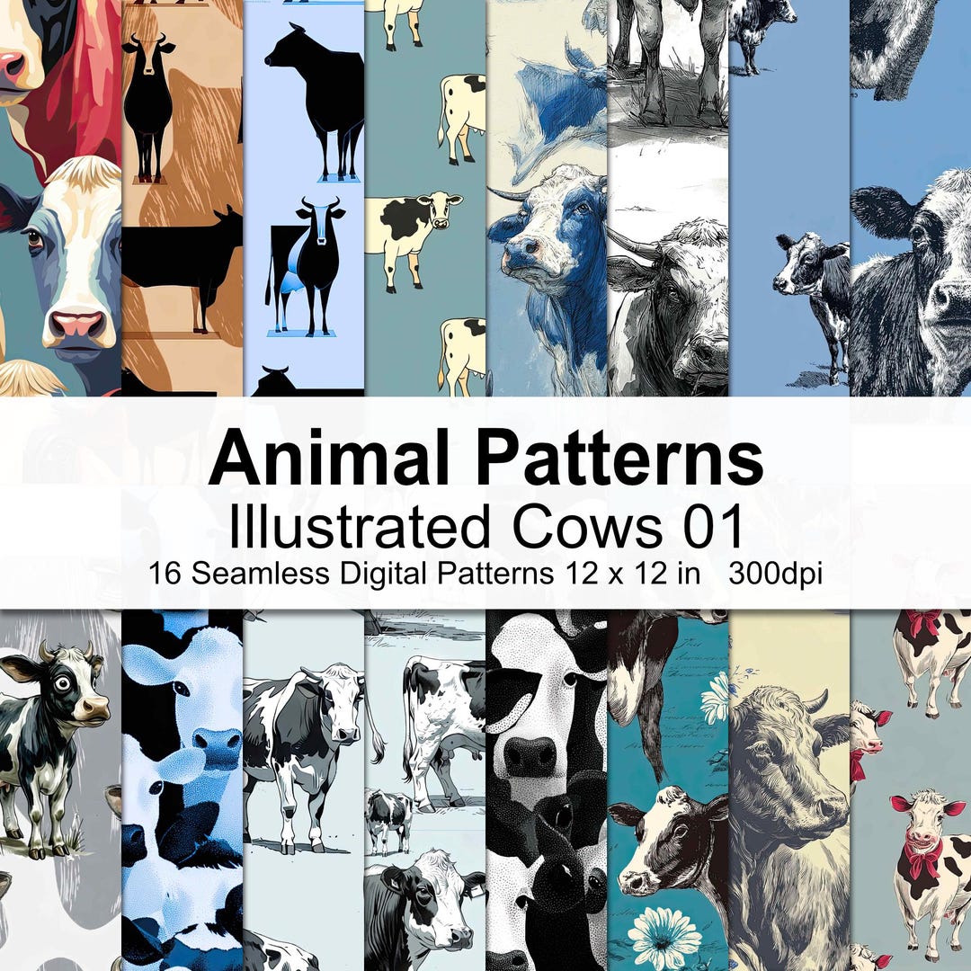 Library Cow Pattern Illustrated Cow Patterns Digital Paper 1 - Etsy