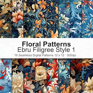 May include: A set of 16 digital seamless patterns featuring intricate floral designs in a blue, red, and gold color scheme. The patterns are inspired by Ebru filigree style and are 12 inches by 12 inches at 300 dpi.