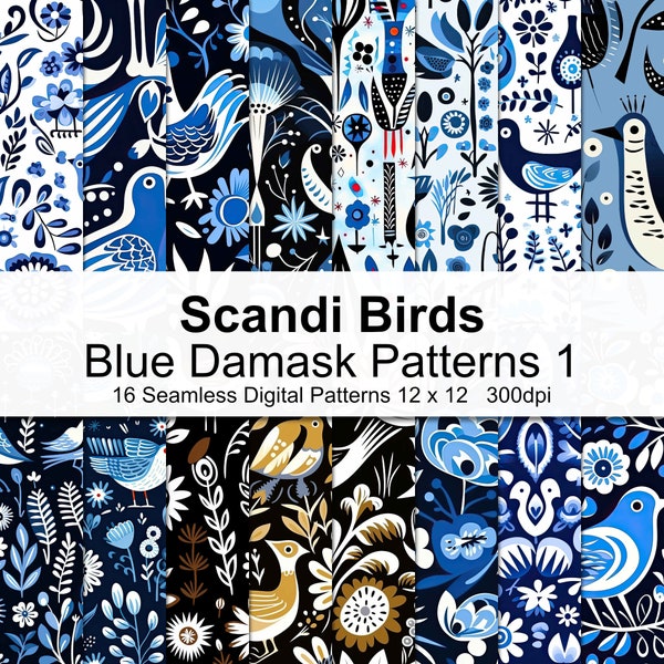 Scandi Bird Blue Damask Patterns Digital Paper 1