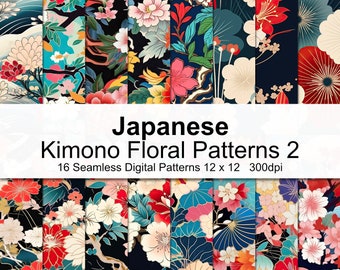 May include: A set of 16 digital patterns featuring Japanese kimono floral designs. The patterns are seamless and come in a variety of colors, including red, pink, blue, and green. The patterns are 12 inches by 12 inches and 300 dpi.