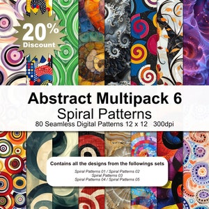 Op de afbeelding: Een digitale download van 80 naadloze spiraalpatronen in een multipack. De patronen zijn kleurrijk en abstract, met een verscheidenheid aan vormen en maten. De patronen zijn 30,48 cm bij 30,48 cm en 300 dpi.