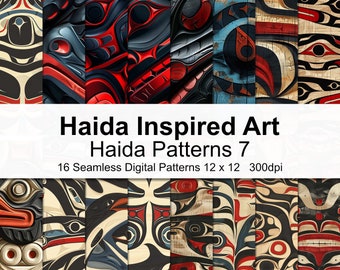 May include: A collection of 16 digital patterns inspired by Haida art. The patterns feature a variety of geometric shapes and designs in red, black, white, and blue. The patterns are seamless and can be used for a variety of projects, such as fabric, wallpaper, and digital design.
