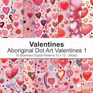 Può includere: Sedici motivi digitali senza cuciture con disegni a cuore in varie tonalità di rosa, rosso e viola. I motivi sono creati con lo stile dell'arte dei puntini aborigena, con la parola "Valentines" al centro. Ogni motivo misura 12 x 12 pollici.