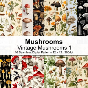 May include: A set of 16 digital seamless patterns featuring vintage illustrations of mushrooms in various colors and styles. The patterns are perfect for crafting, scrapbooking, and digital design projects.  "Mushrooms Vintage Mushrooms 1 16 Seamless Digital Patterns 12 x 12 300dpi" is written on a white banner.