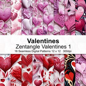 May include: A set of 16 digital paper patterns featuring intricate, hand-drawn hearts in shades of pink and red. The patterns are seamless and perfect for crafting projects, scrapbooking, and digital design.