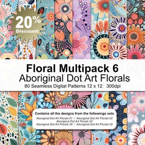 Lot de 6 fleurs florales - Papier numérique Art aborigène à motifs floraux et motifs floraux