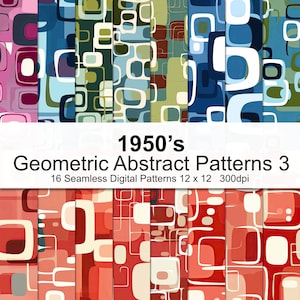 May include: 16 digital seamless patterns in a retro 1950's style. The patterns feature geometric shapes in various colors, including red, blue, green, and white.