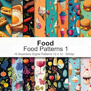 May include: 16 digital seamless patterns featuring various food illustrations. The patterns include ice cream cones, hot dogs, eggs, grapes, wine glasses, and more. The patterns are 12 inches by 12 inches and 300 dpi.