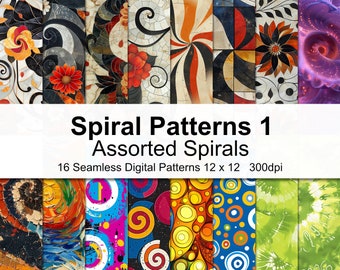 May include: A set of 16 digital seamless patterns featuring various colorful spiral designs. The patterns are 12 inches by 12 inches and 300 dpi.  "Spiral Patterns 1 Assorted Spirals" is written in white text on a white background.