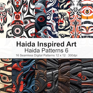 Peut inclure: Un ensemble de 16 motifs numériques inspirés de l'art haïda. Les motifs présentent des designs complexes en noir, rouge, blanc et bleu, avec des formes géométriques et des motifs animaliers. Les motifs sont sans couture et peuvent être utilisés pour une variété de projets créatifs.