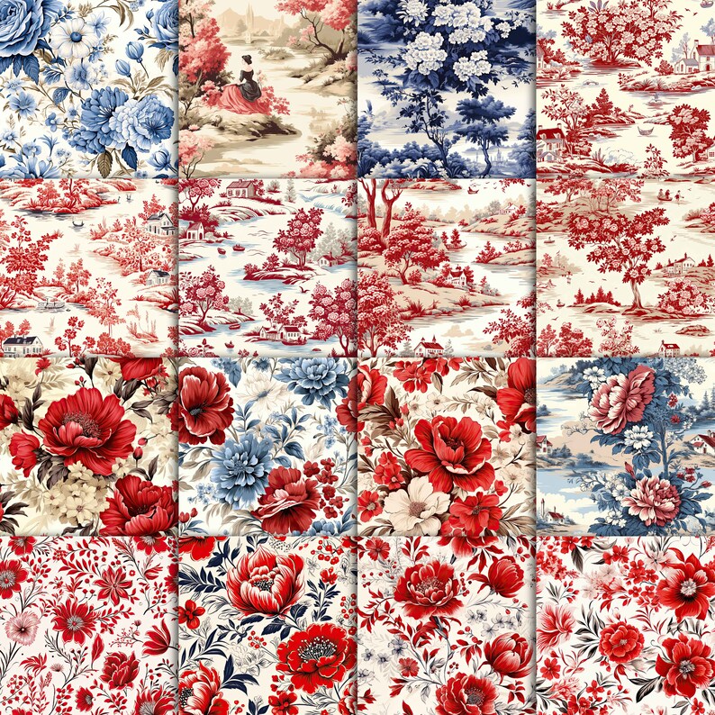 French Country Toile Patterns Digital Paper 2 - Etsy