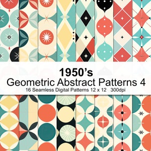 May include: A set of 16 digital patterns in a retro 1950's style. The patterns are geometric and abstract, featuring a variety of colors, including red, blue, green, yellow, and white. The patterns are seamless and can be used for a variety of projects, such as scrapbooking, card making, and fabric design.