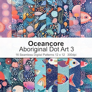 Peut inclure: Un ensemble de 16 motifs numériques sur le thème de l'océan dans une palette de couleurs vives. Les motifs sont inspirés de l'art ponctuel aborigène et présentent des poissons, des coraux et d'autres formes de vie marine. Les motifs mesurent 12 pouces sur 12 pouces et 300 dpi.