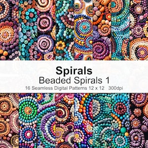 May include: A digital download of 16 seamless patterns featuring colorful beaded spirals. The patterns are 12 inches by 12 inches and 300 dpi. The title of the collection is "Spirals Beaded Spirals 1".