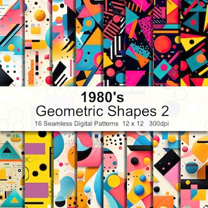 May include: 16 digital patterns featuring geometric shapes in a retro 1980's style. The patterns are seamless and come in a variety of colors, including yellow, blue, red, pink, black, and white. The patterns are 12 inches by 12 inches and 300 dpi.