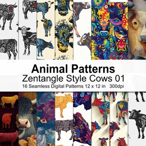 May include: A collection of 16 seamless digital patterns featuring cow designs in a Zentangle style. The patterns showcase various cow illustrations with intricate details and vibrant colors. The patterns are 12 x 12 inches in size.