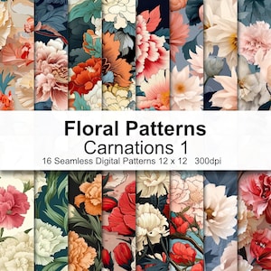 Puede incluir: 16 patrones digitales sin costuras que presentan varios diseños florales con claveles en tonos de rosa, rojo, blanco y amarillo. Los patrones miden 12 pulgadas por 12 pulgadas y 300 dpi.