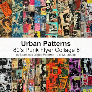 May include: A digital collage of 16 seamless patterns featuring a variety of 80's punk rock concert flyers. The flyers are in a variety of colors, including red, blue, green, yellow, and black. The flyers feature text, images, and graphics related to punk rock music. The text on the flyers includes band names, concert dates, and locations. The images on the flyers include band members, concert venues, and other punk rock imagery. The graphics on the flyers include geometric shapes, abstract designs, and other punk rock-inspired elements.