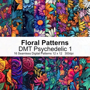 May include: A set of 16 digital seamless patterns featuring psychedelic floral designs in vibrant colors. The patterns are 12 inches by 12 inches and 300 dpi.