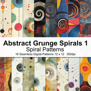 May include: A set of 16 digital paper patterns featuring abstract grunge spirals in various colors, including red, blue, yellow, and black. The patterns are seamless and can be used for scrapbooking, card making, and other craft projects.