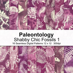 May include: A digital paper pack with 16 seamless patterns featuring pale pink and white fossilized skeletons of various sea creatures. The text "Paleontology Shabby Chic Fossils 1" is displayed on a white banner.