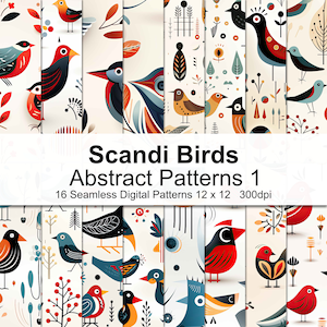 Può includere: Un set di 16 motivi digitali senza cuciture che presentano uccelli astratti in stile scandinavo in vari colori e design. I motivi sono perfetti per creare sfondi unici, tessuti e altri progetti creativi. Scandi Birds Abstract Patterns 1. 16 Seamless Digital Patterns 12 x 12 300dpi.