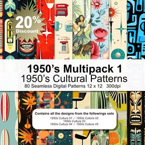 Peut inclure: Un téléchargement numérique de 80 motifs sans couture inspirés des designs culturels des années 1950. Les motifs mesurent 30,5 cm sur 30,5 cm et 300 dpi. L'image montre un collage de différents motifs, notamment des masques tiki, des robots, des fleurs et des motifs géométriques.