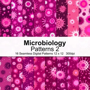 May include: A set of 16 digital seamless patterns featuring pink and purple microbes in various shapes and sizes. The patterns are 12 inches by 12 inches and 300 dpi. The title "Microbiology Patterns 2" is displayed at the top of the image.
