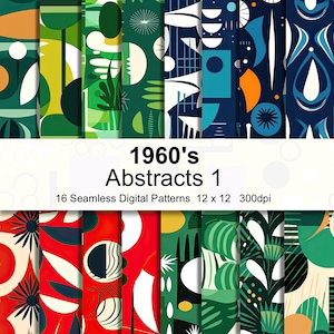 May include: A set of 16 digital seamless patterns in a retro 1960's style. The patterns feature abstract shapes, geometric designs, and bold colors like green, blue, red, white, and black. The patterns are 12 inches by 12 inches and 300 dpi.