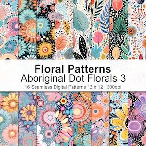Könnte beinhalten: 16 digitale nahtlose Muster mit farbenfrohen Blumenmustern mit einem Punktmuster. Die Muster sind von der Aborigine-Kunst inspiriert und perfekt für Bastel- und Designprojekte.