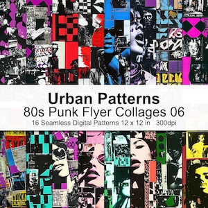 Pode incluir: Uma colagem digital de 16 padrões sem costura com designs de flyers punk dos anos 80. Os padrões medem 30,5 cm por 30,5 cm e 300 dpi. Os padrões apresentam cores vibrantes, formas geométricas e texto.