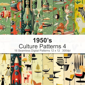 Puede incluir: Una colección de 16 patrones digitales sin costuras con el tema de la cultura de los años 50. Los patrones presentan ilustraciones retro de cohetes, diseños de la era atómica y muebles modernos de mediados de siglo. La paleta de colores incluye tonos de verde, rojo y amarillo.