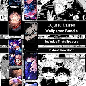 May include: A collage of 11 phone wallpapers featuring characters from the anime Jujutsu Kaisen. The text "Jujutsu Kaisen Wallpaper Bundle" and "Includes 11 Wallpapers" is displayed in white text on a black background. The text "Instant Download" is displayed in white text on a black background.