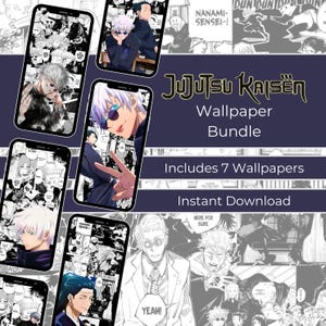Puede incluir: Un collage digital de siete fondos de pantalla para teléfono con personajes de la serie de anime Jujutsu Kaisen. Los fondos de pantalla son en blanco y negro con paneles de manga y personajes. El texto "Jujutsu Kaisen Wallpaper Bundle" e "Includes 7 Wallpapers" se muestra en un fondo morado. El texto "Instant Download" se muestra en un fondo blanco.