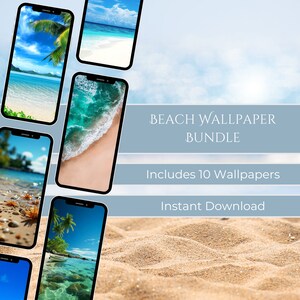 Può includere: Un pacchetto di prodotti digitali che include 10 sfondi per telefono a tema spiaggia. L'immagine mostra un collage di schermate di telefono che mostrano varie scene di spiaggia, tra cui palme, onde oceaniche e spiagge sabbiose. Il testo "Beach Wallpaper Bundle" e "Includes 10 Wallpapers" è visualizzato su uno sfondo blu.