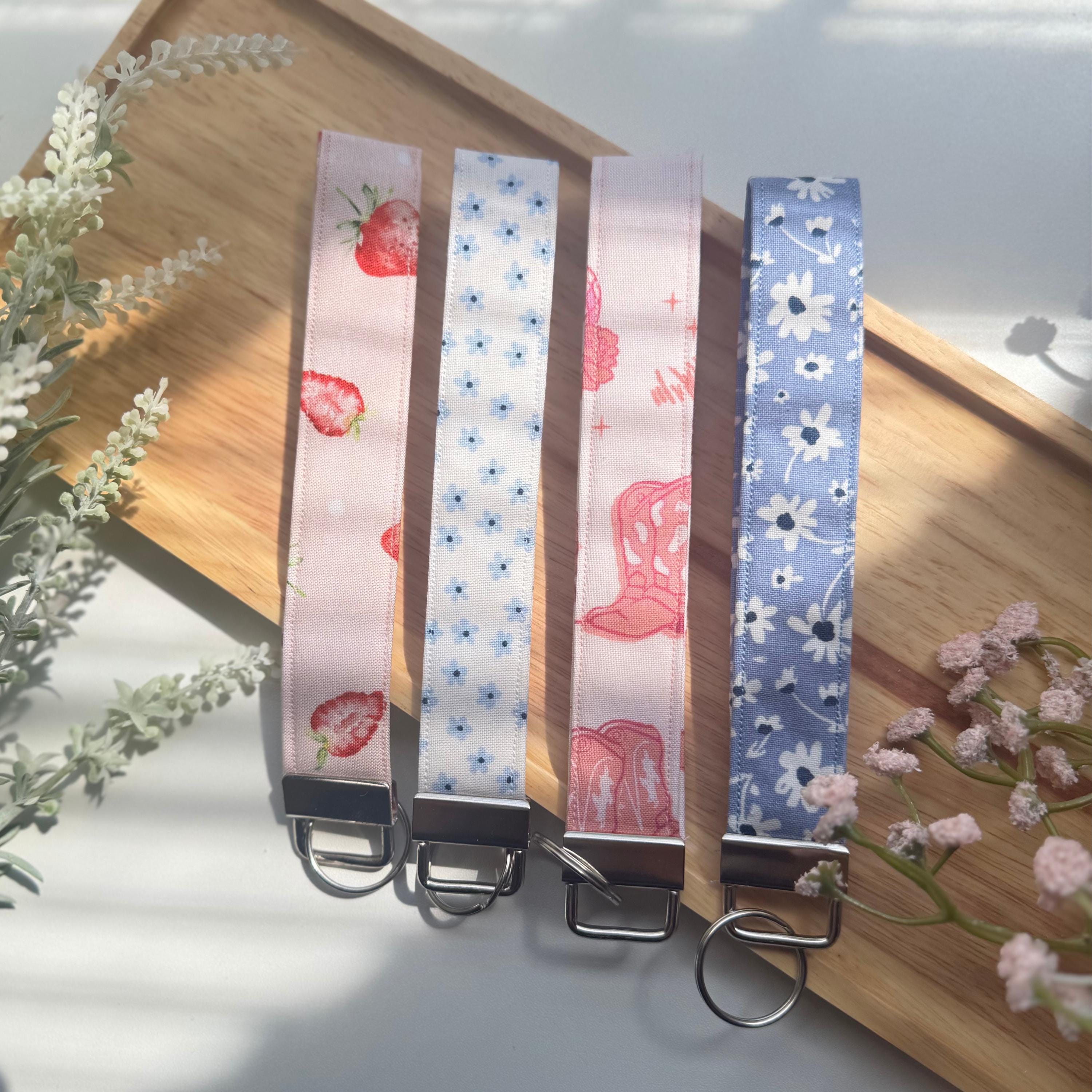 Floral Fabric Wristlet Keychain: Western, Strawberry, Silver Key Fob
