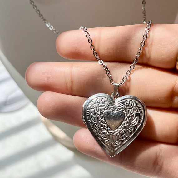 Silver Heart Locket Necklace - Heart Locket Toggle Clasp Necklace