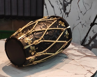 Professional Sheesham Wood Dholak: Mat Black Finish, Golden Decoration