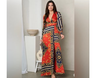 Women’s Long Sleeve V Neck Print Maxi Dress