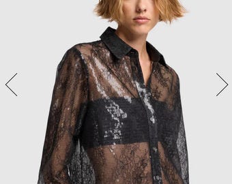 7 For All Mankind Black Sequin Sheer Shirt