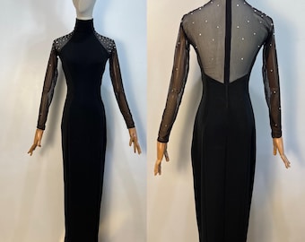 Vintage 90s Tadashi black long bodycon sheer rhinestone dress
