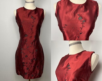 Vintage 90s Y2K Red Wine satin sheer floral mini dress by To The Max