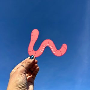 a pink bookmark in the shape of a wavy worm. Has darker pink stripes and a smile. Along the curve in the middle wave of the worm is the word "bookworm" written in white