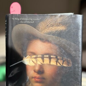 May include: A book titled "Hamnet" with a quote on the cover that reads "A thing of shimmering wonder." - David Mitchell. The cover features a painting of a woman wearing a hat with a feather covering her eyes.