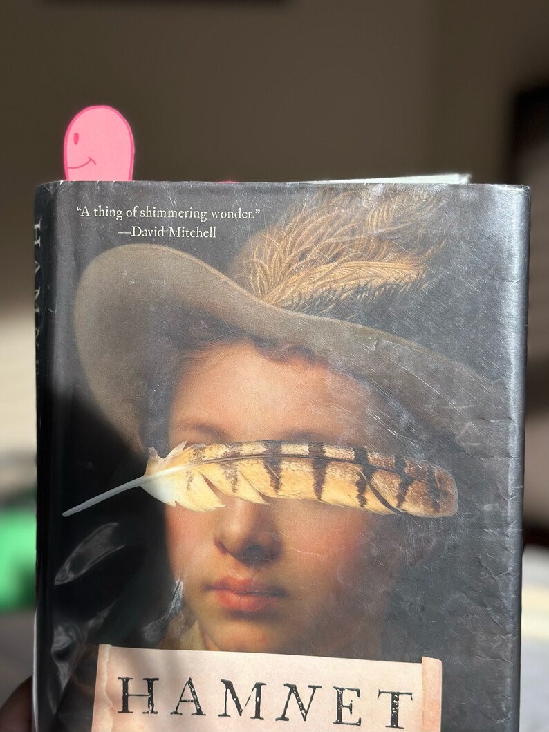 May include: A book titled "Hamnet" with a quote on the cover that reads "A thing of shimmering wonder." - David Mitchell. The cover features a painting of a woman wearing a hat with a feather covering her eyes.
